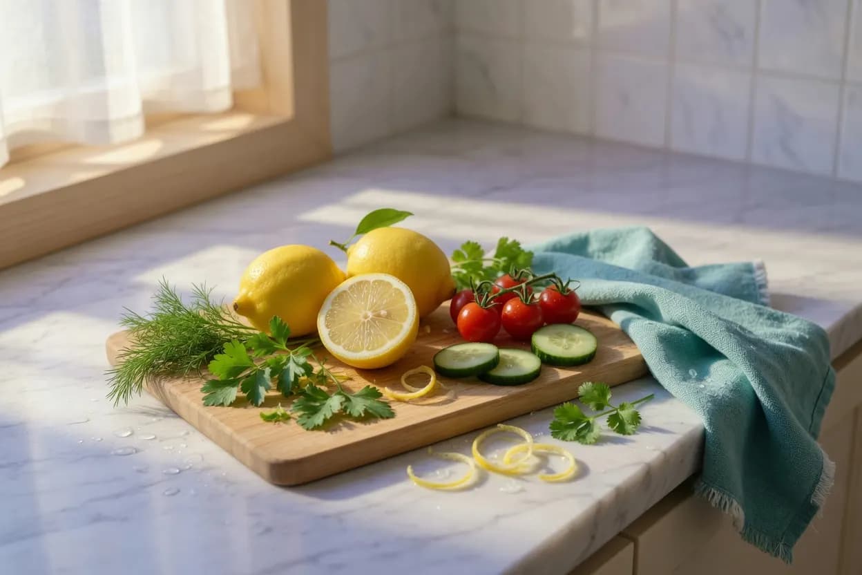 Fresh vegetables on a bright counter