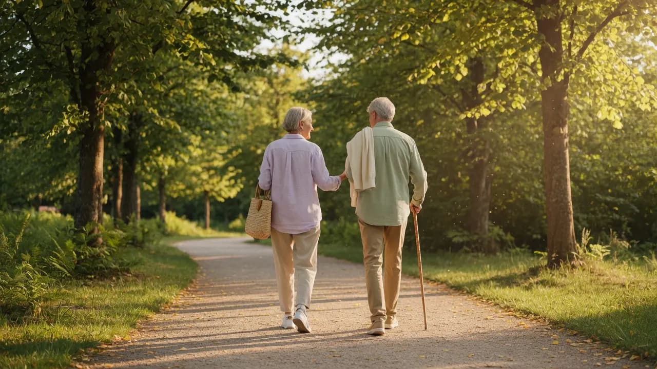 Two people walking on a sunlit path