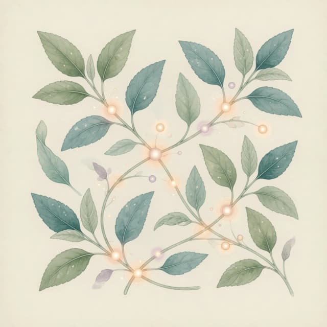Soft botanical illustration of interconnected leaves and gentle nodes of light, representing the body’s endocannabinoid balance