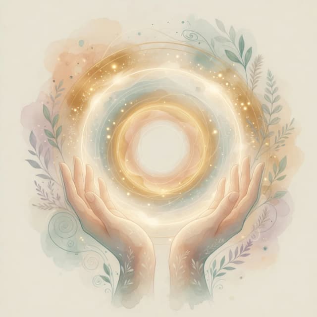 Abstract warm-light energy illustration with concentric soft glows over quiet hands