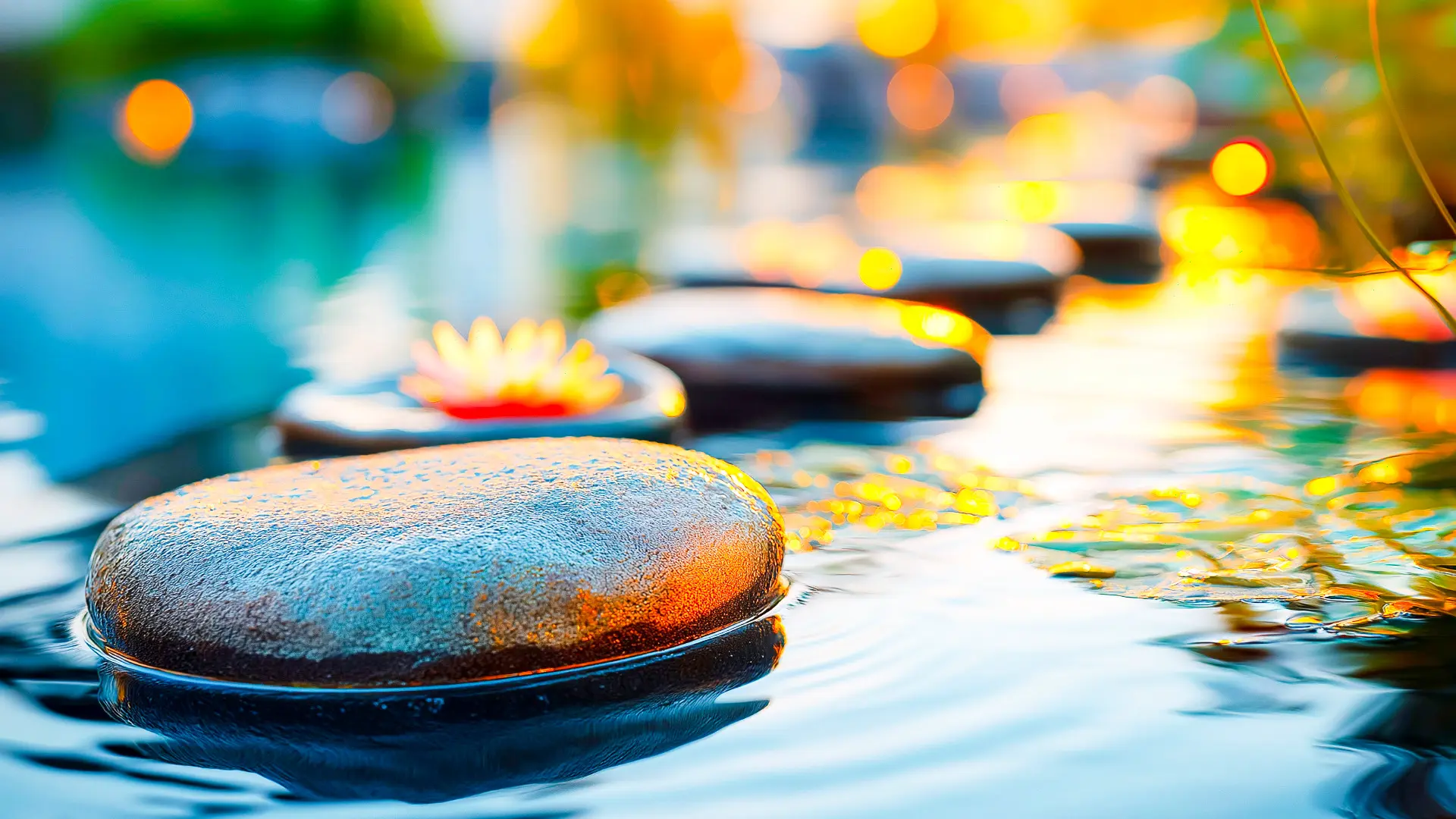 Stacked spa stones with a lotus flower in water, symbolizing stress relief and the appearance-related effects of cortisol – Chronic Health Wisdom