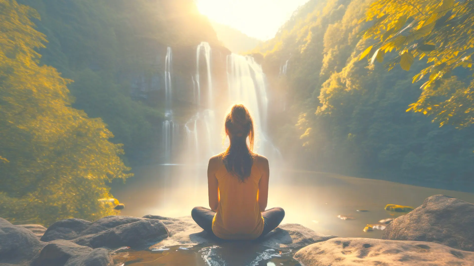 Woman meditating by a waterfall surrounded by lush trees and sunlight, representing natural stress reduction – Chronic Health Wisdom