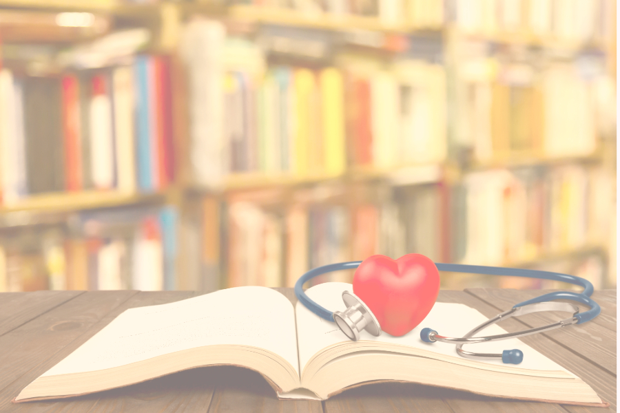 Heart and stethoscope on a book. Education and Empowerment at Chronic Health Wisdom Section Image.